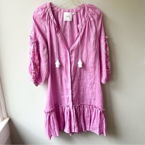 ELEVEN March 11 Pink Linen Embroidered drop waist tassel Tunic Dress